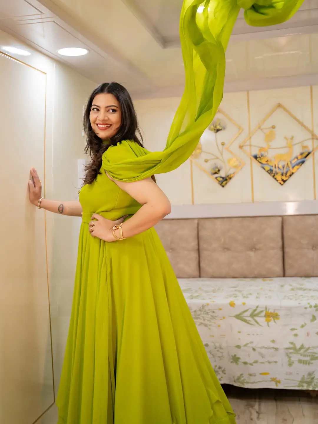 Singer Geetha Madhuri's photos in a green dress are going viral on social media.