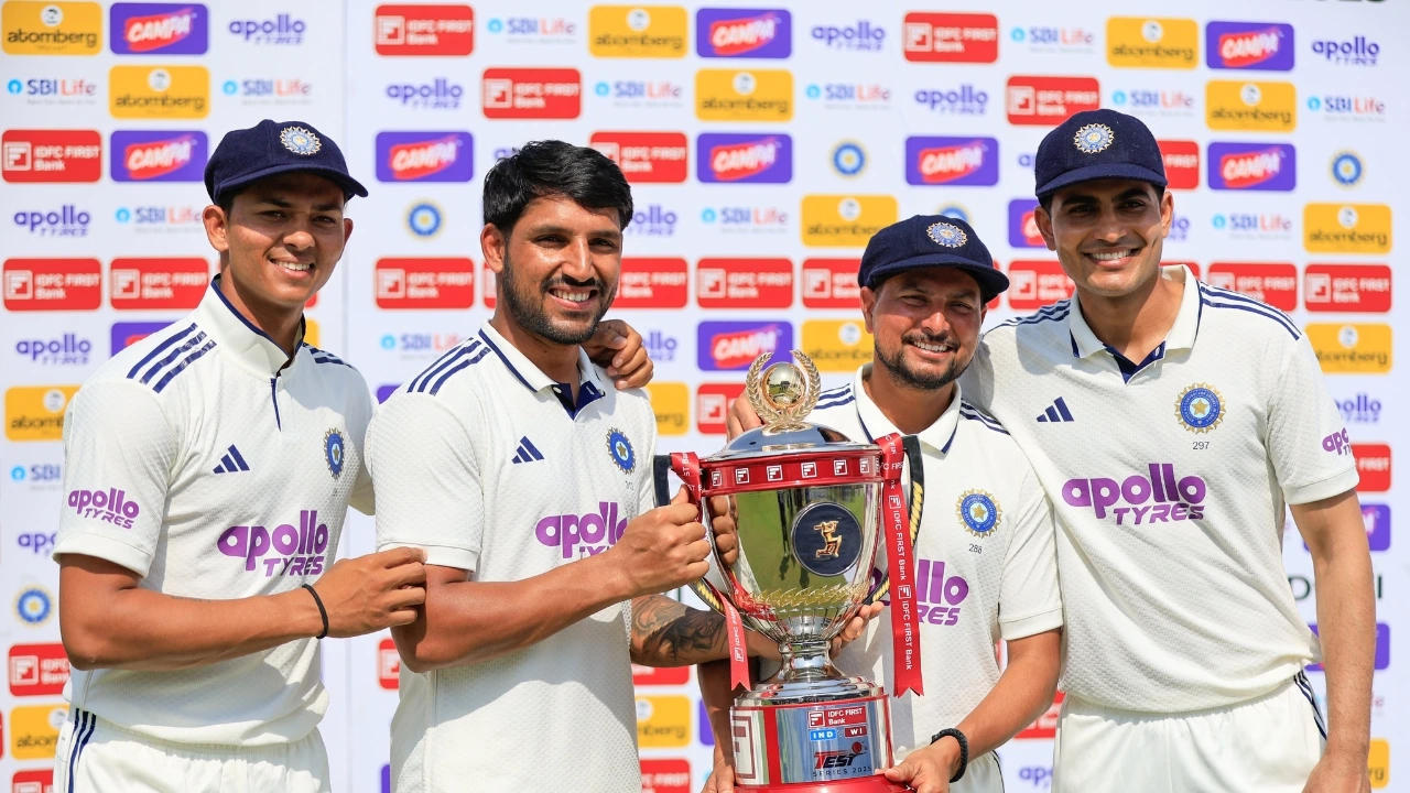 Team India with Ind Vs WI Test Series Trophy
