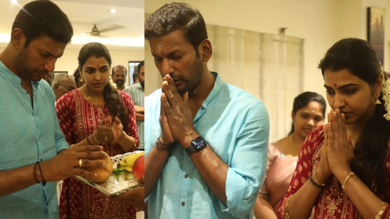 Vishal Sai Dhanshika : కాబోయే భార్యతో విశాల్ దసరా పూజలు.. ఫొటోలు..