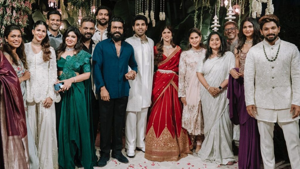 Mega and Allu Families in one Photos at Allu Sirish Engagement Allu Arjun Ram Charan in One Frame Photos goes Viral