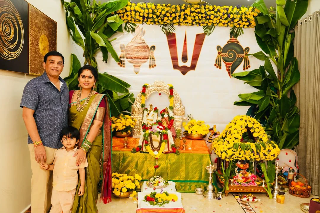 Dil Raju Perform Special Pooja with his Wife Tejaswini Vygha and Son