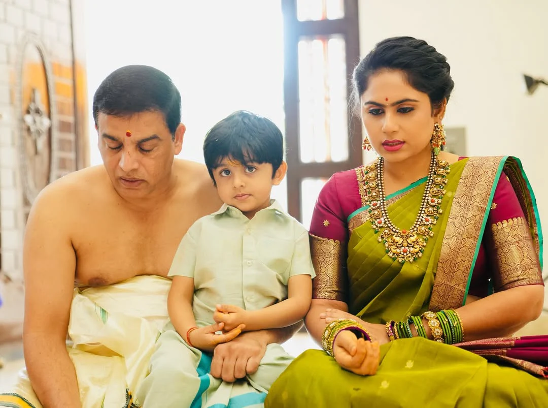 Dil Raju Perform Special Pooja with his Wife Tejaswini Vygha and Son