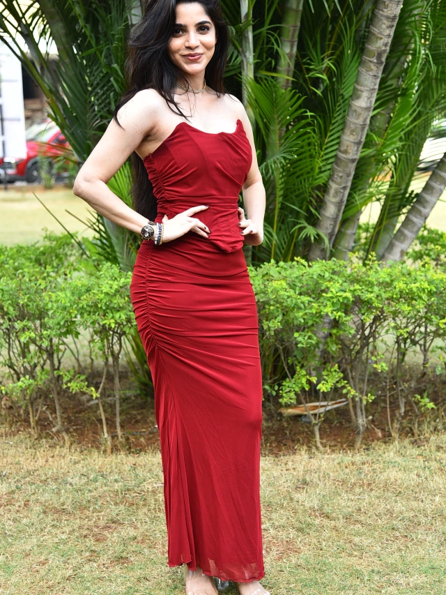 Divyabharathi Stunning Looks in Red Dress From Goat Teaser Launch Event