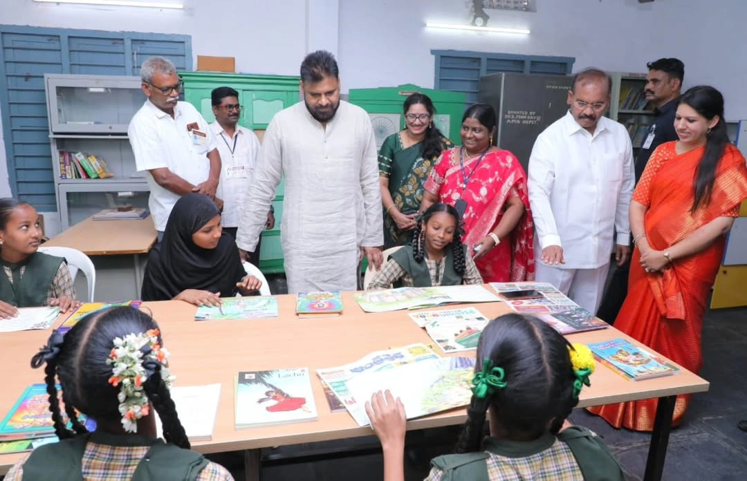 Deputy CM Pawan Kalyan Interacting with students as part of a Mega Parents Teachers meeting at ZPHS Chilakaluripet