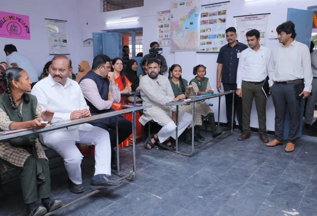 Deputy CM Pawan Kalyan Interacting with students as part of a Mega Parents Teachers meeting at ZPHS Chilakaluripet