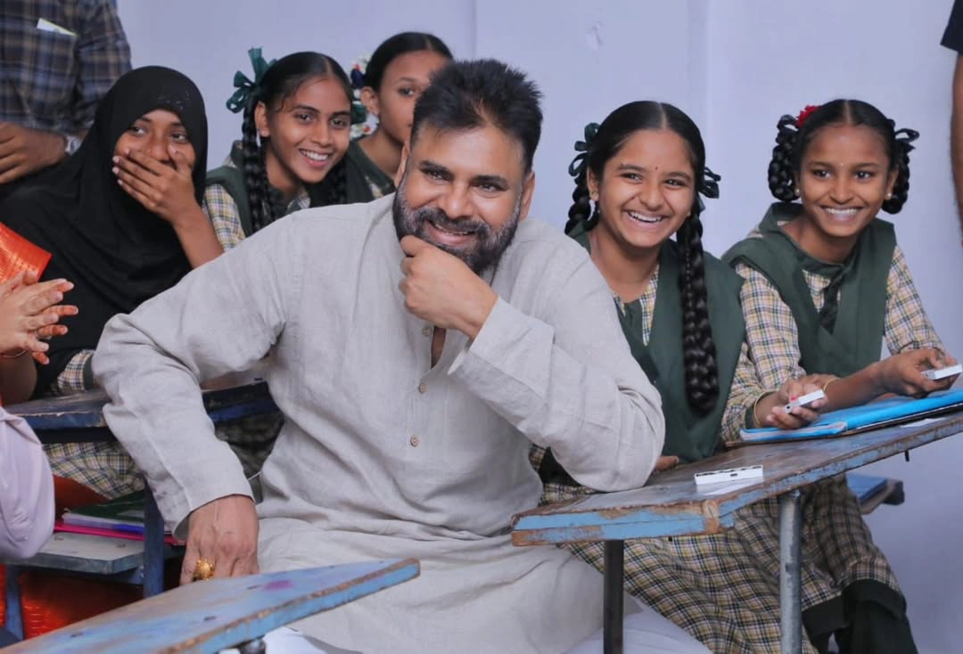 Deputy CM Pawan Kalyan Interacting with students as part of a Mega Parents Teachers meeting at ZPHS Chilakaluripet
