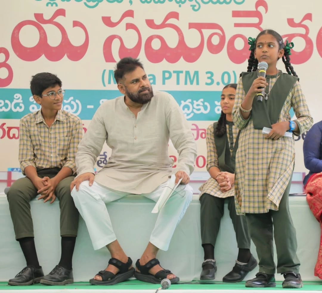 Deputy CM Pawan Kalyan Interacting with students as part of a Mega Parents Teachers meeting at ZPHS Chilakaluripet